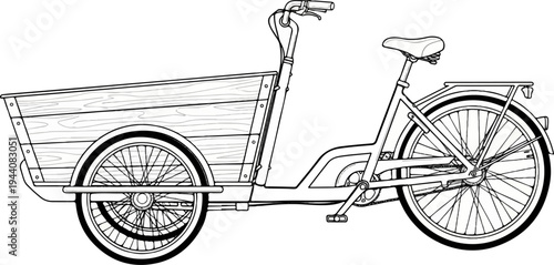 Wireframe illustration of a three-wheeled cargo bicycle with a wooden crate