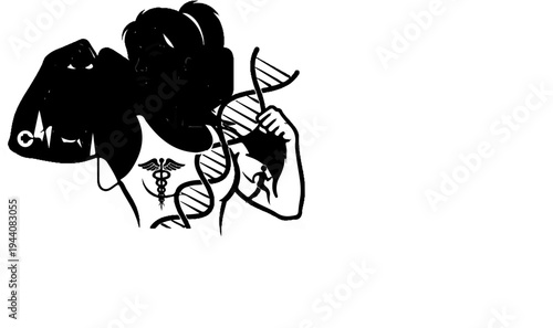 Woman holding DNA strand, with caduceus and heart rhythm symbols