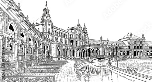 Ornate classical building with arches, towers, and a canal reflecting its architecture
