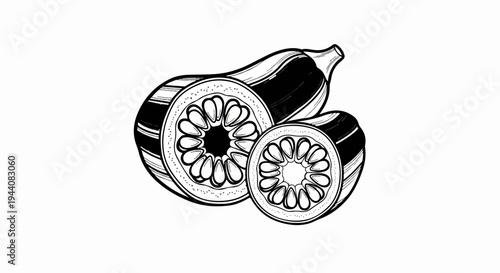 Hand-drawn illustration of a whole and two sliced elongated, striped fruits