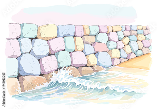 Pastel colored stone wall with waves crashing on the beach and sand