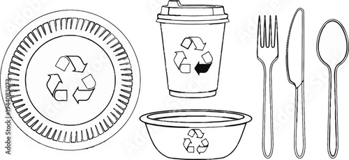 Hand-drawn outline of eco-friendly tableware plate, cup, bowl, fork, knife, spoon
