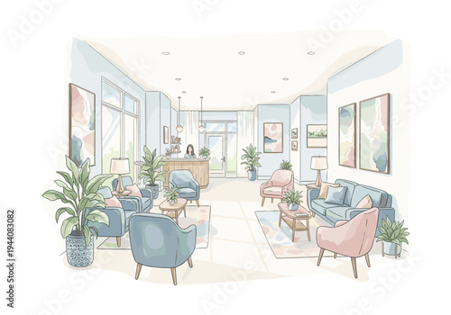 Modern reception area with comfortable seating and plants, creating a welcoming atmosphere