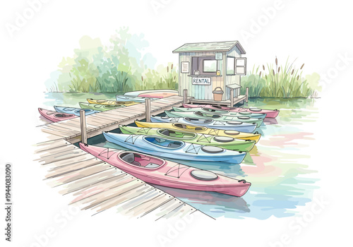 Colorful kayaks lined up at a rental dock on a calm lake with lush green reeds