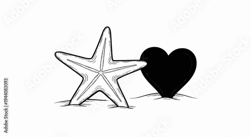 Detailed illustration of a starfish next to a solid black heart
