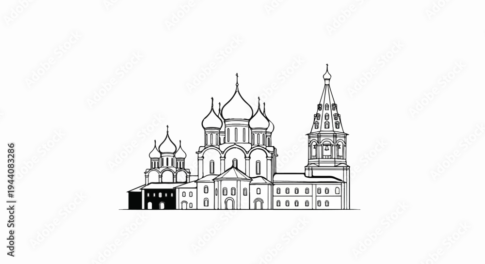 Obraz premium Ornate onion-domed church and bell tower, sketched in black ink
