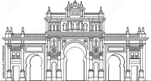 Ornate historical archway with detailed facade, decorative elements, and central arch