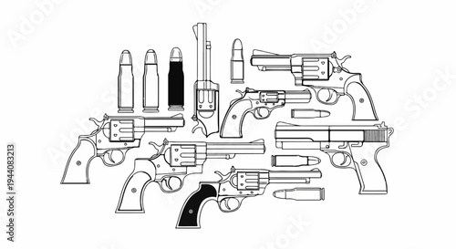 Detailed line art depicts various revolvers, pistols, and ammunition
