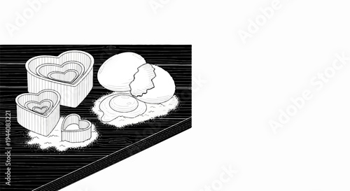 Heart cookie cutters, broken egg and flour on a wooden surface
