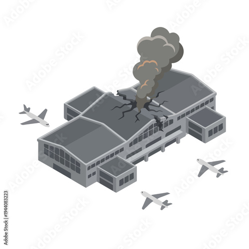 isometric vector flat of an airport damaged by fire from a missile attack 003