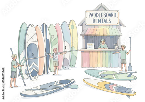 Paddleboard rental stand with colorful boards and people choosing equipment for water sports