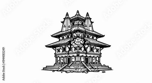 Ornate, multi-tiered building with a large crack splitting its facade