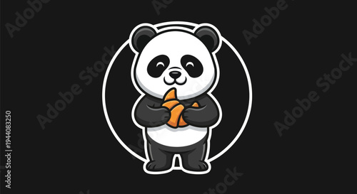 Cartoon panda with pastry on black background