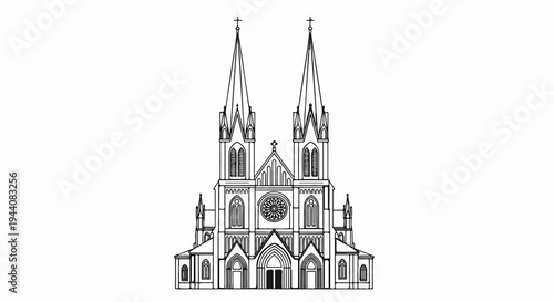Ornate line drawing of a large cathedral with twin spires and a rose window