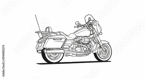 Detailed line art drawing of a large touring motorcycle with saddlebags and windshield