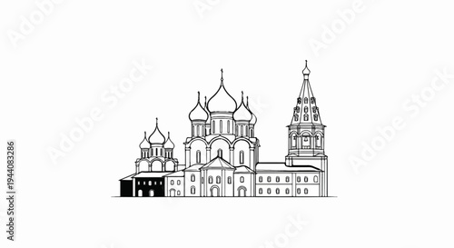 Ornate onion-domed church and bell tower, sketched in black ink
