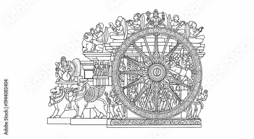 Ornate stone carving depicts a large wheel with intricate figures and mythical creatures