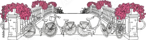 Sketch of ornate bridge with railings, flowers, and bicycles