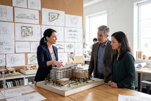 Architecte présentant une maquette de bâtiment à des clients en studio