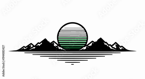 Stylized mountainous landscape with a striped sun and reflective water