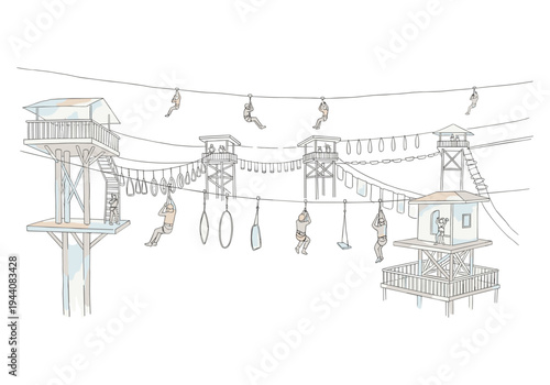 Adventure park with zip lines, rope bridges, and obstacle course elements for outdoor recreation