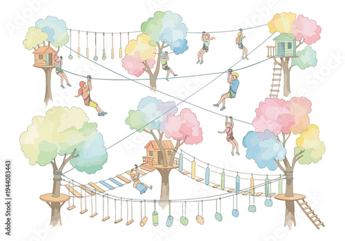 Adventure park with ziplines, rope bridges, and treehouses, people enjoying outdoor activities