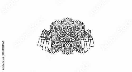 Ornate textile accessory with hanging tassels and intricate central floral motif