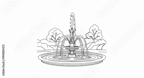 Ornate tiered fountain with statue, surrounded by lush trees and flowing water