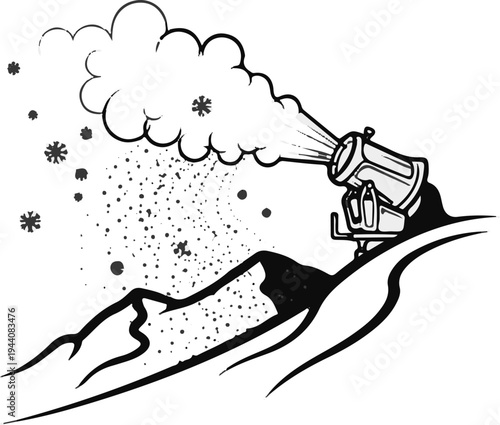 Snow cannon on mountain creating artificial snow over a slope