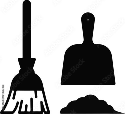 Iconography of a broom, dustpan, and pile of dirt, symbolizing cleaning