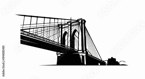 Iconic suspension bridge with Gothic towers and intricate suspension cables against a white backdrop