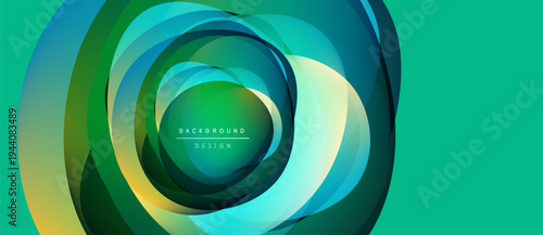 Abstract circular layers blend vibrant greens, blues, yellows. Modern design suggests movement, depth, energy. Text reads background design.