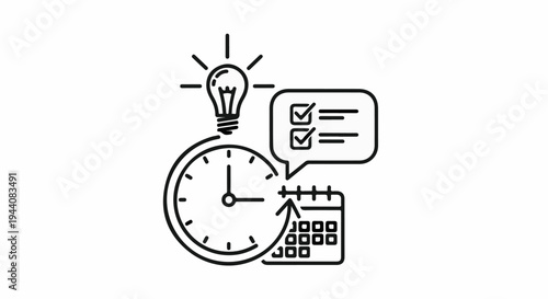 Icons depict a clock, a lightbulb, a calendar, and a checklist representing tasks