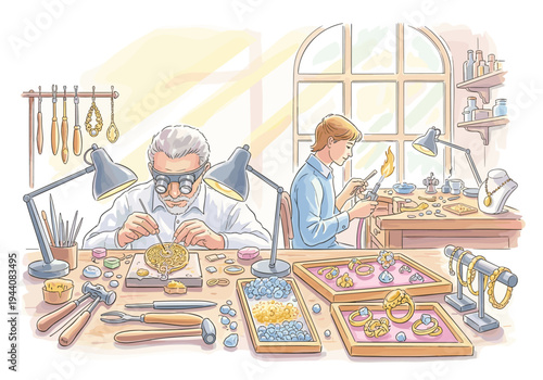 Master jeweler teaching apprentice intricate gold crafting techniques with tools and materials