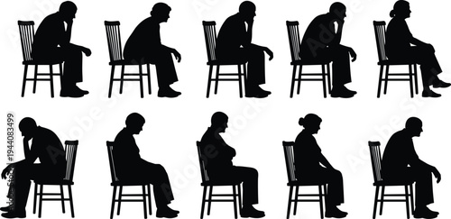 Elderly people sitting on chair silhouettes, senior men and women resting poses, aging lifestyle characters vector illustration isolated on white