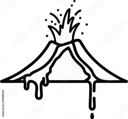 Stylized outline of an erupting volcano with lava flowing
