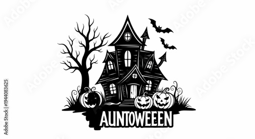 Spooky haunted house with jack-o'-lanterns, bare tree, and bats, featuring text