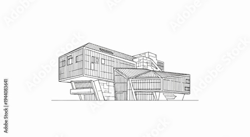 Outline sketch of a modern building with angular, geometric sections and glass facades