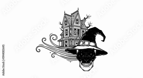 Spooky skull in witch hat with haunted house and swirling wind effect