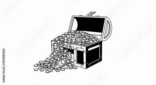 Overflowing treasure chest spilling coins, jewels, and bills onto a white background