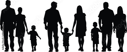 Family walking silhouette set, parents holding children hands, happy mother father with kids, parenting lifestyle concept collection