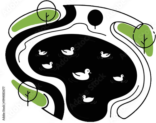 Stylized park scene with ducks swimming in a pond, surrounded by trees and paths