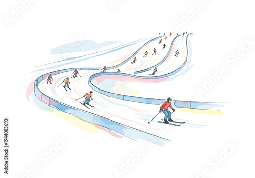 Diverse group of skiers enjoying a sunny day on a winding ski slope with colorful barriers