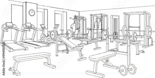 Interior of a well-equipped gym featuring treadmills, weight machines, and benches