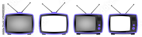 Purple retro TV with antenna. Vintage television set. Old device. Transparent mockup of a screen	