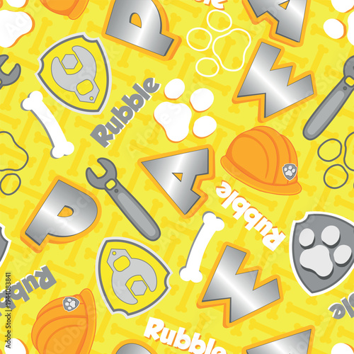 Yellow Construction Puppy Seamless Pattern with Paw Badge Bones Wrench Tools and Hard Hat