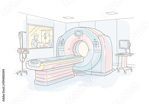 Modern CT scanner room with patient bed and medical professional operating equipment