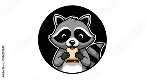 Cartoon raccoon enjoying a sandwich