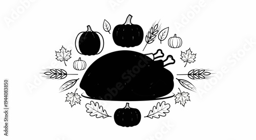 Stylized roasted turkey surrounded by autumn foliage and gourds