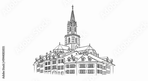 Pen sketch of a European city skyline with a prominent church spire